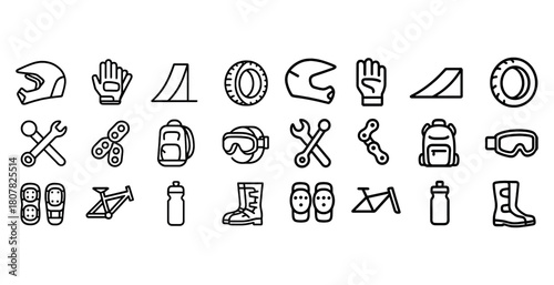 Motorbike gear icon set: helmet, gloves, goggles, tools, backpack, tires, boots