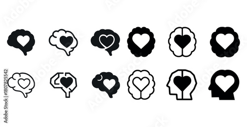 Heart and brain icons collection: symbolizing love and intellect