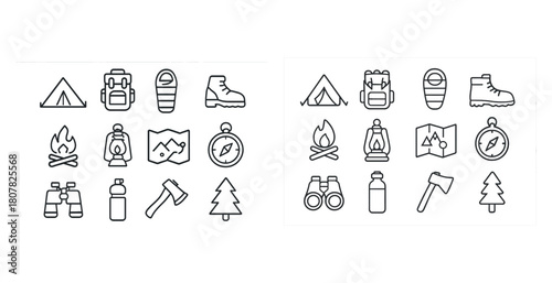 Outdoor camping and hiking icons set featuring gear and tools
