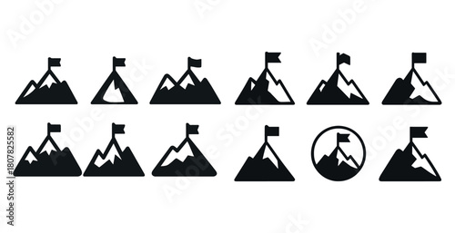 Mountain icons set with flags representing achievement and exploration