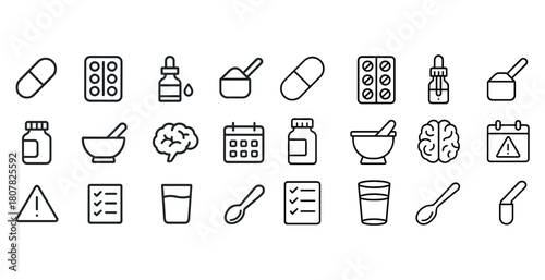 Medical icons set: pills, bottles, brain, calendar, warning symbols
