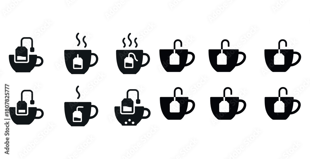 Fototapeta premium Variety of tea cup icons with tea bags and steam in black and white