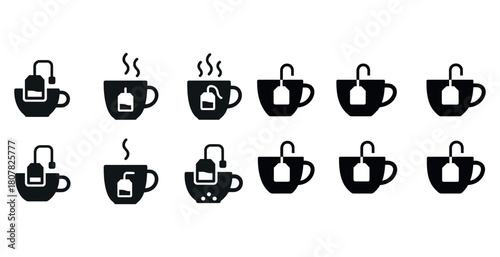 Variety of tea cup icons with tea bags and steam in black and white