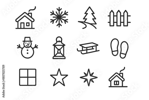 Snowy Village Icons. Snowy Village. Line icon set of Snowy Village: house, chimney smoke, snowflake, pine tree, path, fence, snowman, lantern, sled,