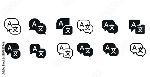 Language translation icons set in black and white pictograms