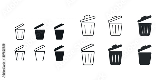 Collection of various trash bin icons in open and closed states