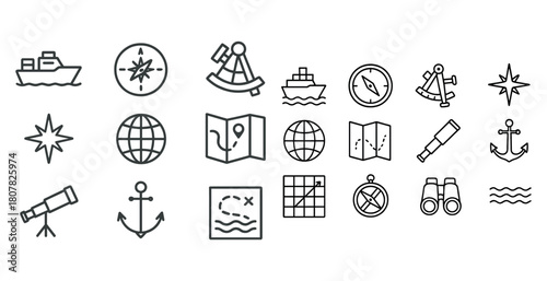 Nautical navigation icons collection: compass, anchor, ship, map, telescope