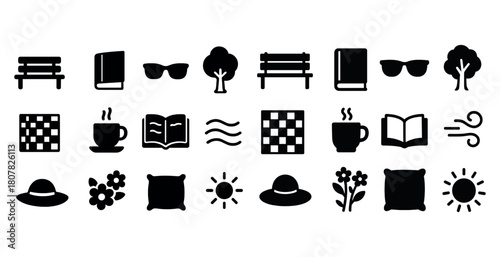 Icon set: park bench trees coffee sun hat flowers book chessboard