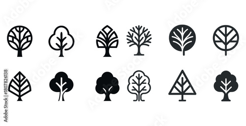 Collection of black and white tree icons and symbols in various styles