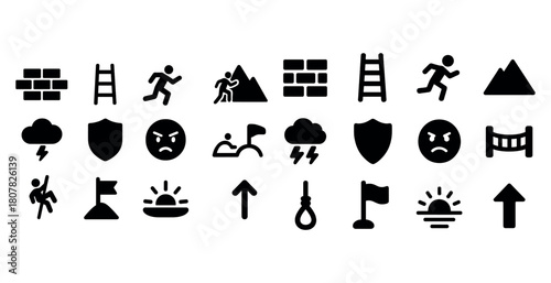 Collection of adventure and challenge icons including obstacles and weather symbols