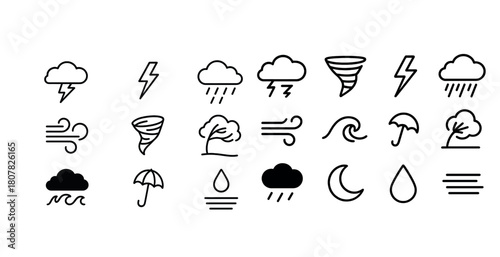 Weather icon set: storms, rain, wind, clouds, moon, waves, umbrella