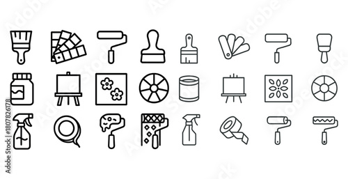 Art supplies icons collection: brushes, rollers, canvases, and paint tools