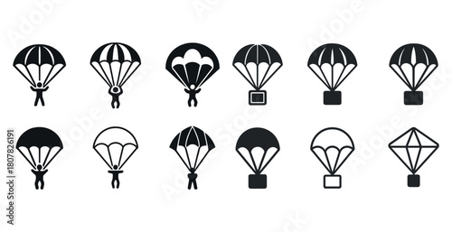 Collection of diverse parachute icons featuring human figures and objects