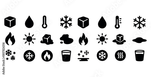 Weather and temperature icons: sun, snowflake, fire, water drop, thermometer
