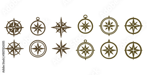 Variety of nautical compass rose designs in brown tones