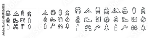 Camping icons set: backpack, tent, campfire, map, hiking gear