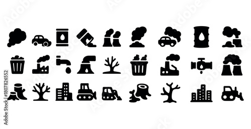 Environmental pollution icons set featuring factories, trees, cars, and trash
