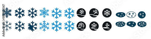 Blue and black snowflake icon set in various shapes and designs