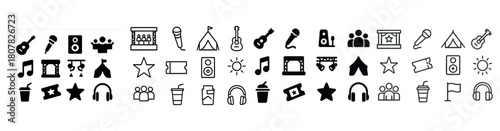 Music festival icon set: instruments, speakers, microphones, and entertainment symbols