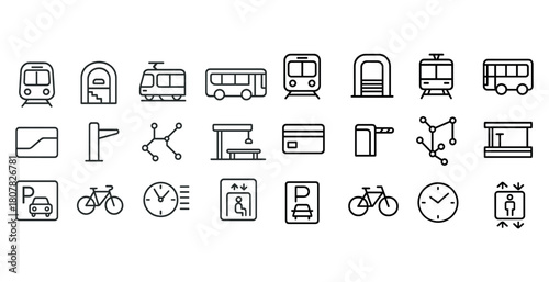 Urban transportation icons collection: train, bus, parking, bicycle, elevator