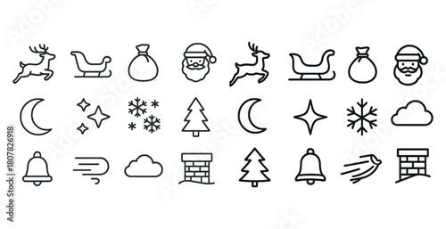 Christmas icon set: santa, reindeer, moon, stars, snowflakes, tree, bell, chimney