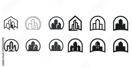 Set of minimalist building and cityscape icons in black and white