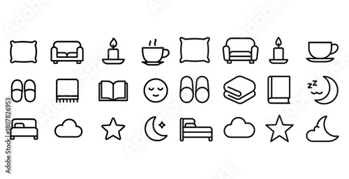 Set of sleep and relaxation icons including pillow, candle, bed, and moon
