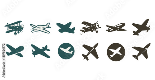 Vintage and modern airplane silhouettes in various styles and orientations