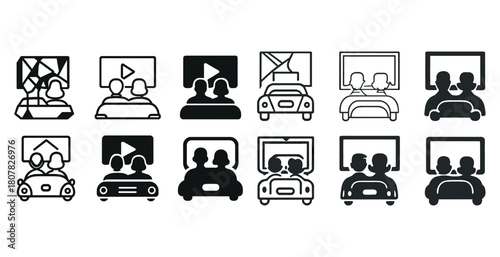 Vector icons of drive-in cinema and movie viewing experience