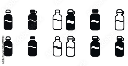 Set of black and white water bottle icons: various designs and styles