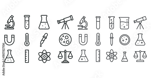 Collection of science icons featuring lab equipment and scientific instruments