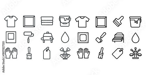 Art tools and apparel icon set featuring diverse supplies and clothing