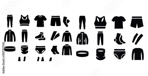Set of black activewear icons for sports and fitness apparel