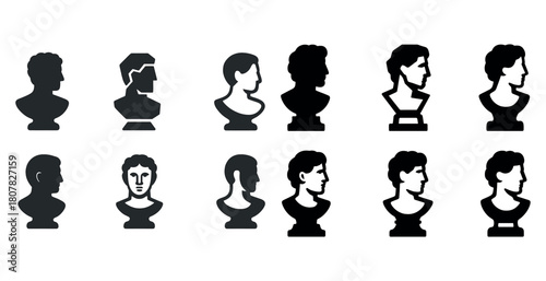 Silhouette variations of classical male busts in profile and frontal views