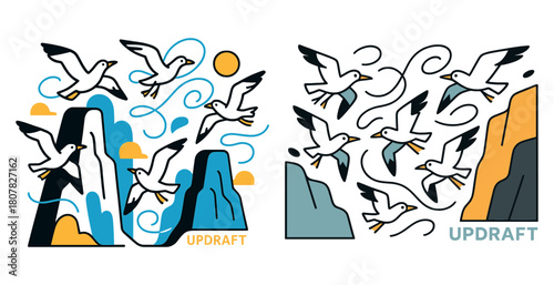Seagulls soaring in updrafts with sun and cliffs design illustration