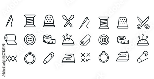 Sewing tools icons set featuring needles, thread, thimbles, and scissors