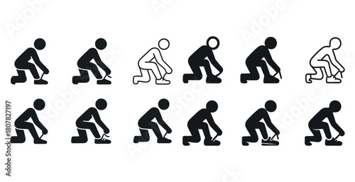 Icon set of figures tying shoes in various styles and outlines