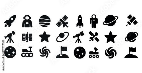 Collection of astronomy icons featuring rockets and planets in bold silhouette style