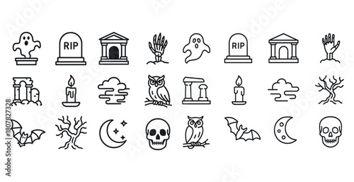 Halloween icon set with ghosts tombstones skeletons and owls