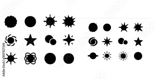 Abstract black symbol collection: stars, circles, spirals, atomic designs