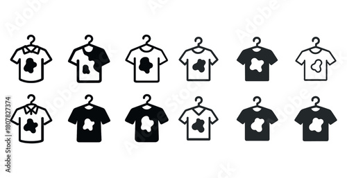 Set of iconic t-shirts and shirts on hangers in various styles with stains