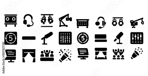 Entertainment and media equipment icons set: audio, video, editing, and stage symbols