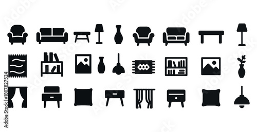 Black silhouette icons of home furnishings and decor items