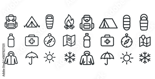 Outdoor adventure icon set: backpack, tent, sleeping bag, campfire, compass, weather