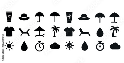 Summer beach icons set: umbrella, palm tree, sun, hat, shirt, timer