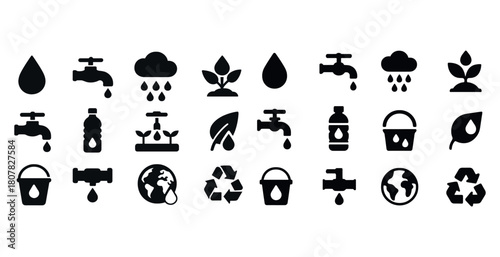 Water conservation icons featuring taps, drops, plants, and recycling symbols