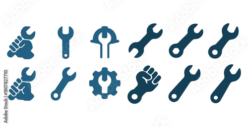 Blue wrench icon set featuring fist and gear designs for tools and repair