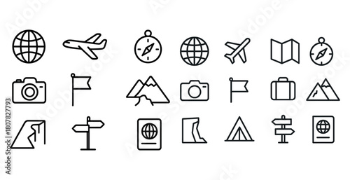 Simple travel icons: globe, airplane, compass, camera, flag, map, luggage for adventure