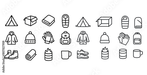 Camping gear icons: tents backpacks sleeping bags boots mugs