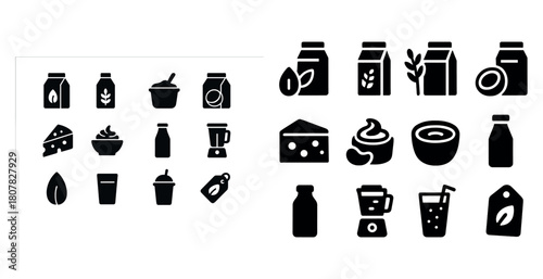 Assorted black food and drink icon set with milk cheese blender
